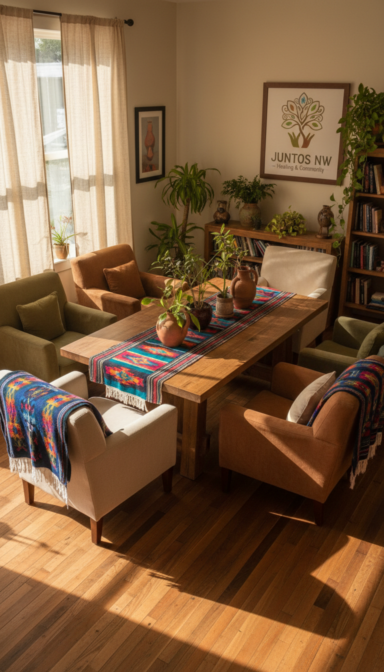 A cozy communal living space in a recovery home, centered around a handcrafted wooden table accented with colorful, woven textiles in traditional Latin American patterns. The table is surrounded by plush, earth-toned armchairs and finished clay pottery holding fresh greenery. Soft, diffused afternoon light streams through a window dressed in sheer linen curtains, creating gentle highlights and subtle shadows throughout. Shot from a slightly elevated angle, the composition uses the rule of thirds for visual harmony. The room exudes a nurturing, safe, and inclusive atmosphere, blending modern simplicity with cultural vibrancy, perfectly encapsulating the Juntos NW mission of healing and community.