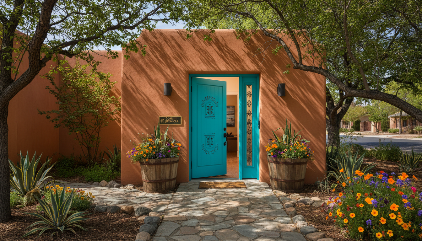An inviting, well-maintained recovery housing entrance featuring a sturdy wood door painted vibrant turquoise with a decorative, hand-carved design inspired by indigenous motifs. The facade is textured adobe in sun-washed terracotta, framed with planters bursting with native wildflowers and succulents. The setting is in a peaceful, leafy residential neighborhood with a hand-laid stone path leading up. Sunlight filters through overhead tree branches, casting intricate dappled shadows across the doorway. Captured at eye-level with a balanced composition, the mood is warm, hopeful, and welcoming. The overall style is clean and modern yet deeply rooted in cultural authenticity, underscoring the mission of supportive housing for Latino/a/x and indigenous communities.